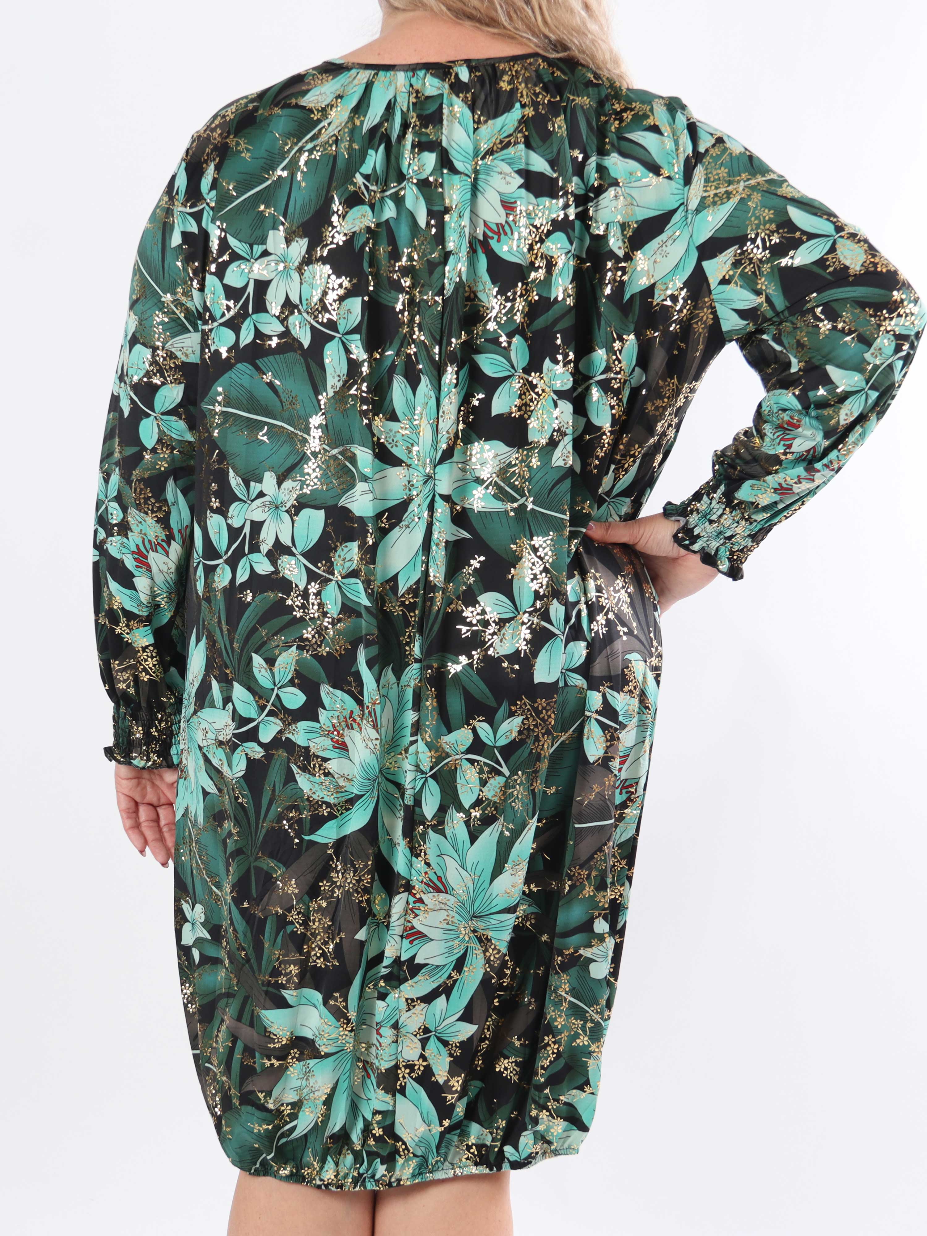 Miracle Gold Flower Dress L/S - Blommig klänning i stor storlek med resår